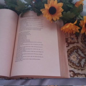 Pu&ograve; includere: Un libro aperto con testo sulla pagina destra, con una composizione floreale di girasoli e verde in alto. Il libro poggia su una superficie di tessuto fantasia.