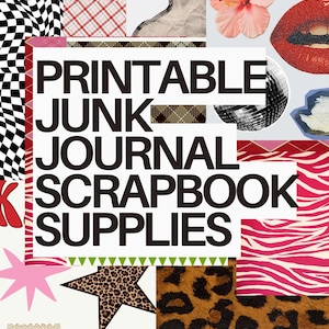 May include: A collage of scrapbook supplies with various patterns and textures. Includes a black and white checkered design, red plaid, leopard print, and the text "PRINTABLE JUNK JOURNAL SCRAPBOOK SUPPLIES". Also features a pink star and a disco ball.