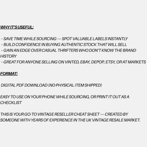 May include: A digital PDF download cheat sheet for vintage resellers. The text on the white background includes information on saving time, building confidence, and gaining an edge. It is designed for use on phones or as a checklist.