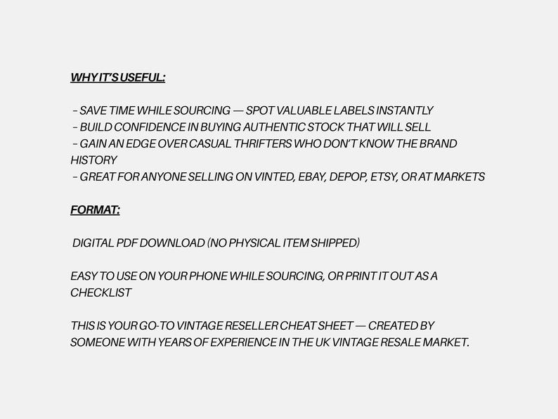 May include: A digital PDF download cheat sheet for vintage resellers. The text on the white background includes information on saving time, building confidence, and gaining an edge. It is designed for use on phones or as a checklist.