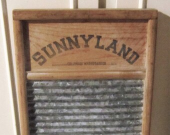Vintage Sunnyland Wood and Galvanized Metal Washboard #2090 Standard Family Size - Columbus Washboard Co. - Columbus Ohio - Made in USA