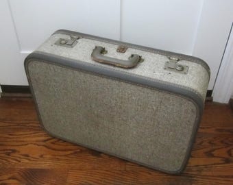 Vintage Travel Joy Gray Hard Side Suitcase Styled by KALLA with Red Interior - Travel Case - Retro Storage - Add Legs for a Table or Stack!
