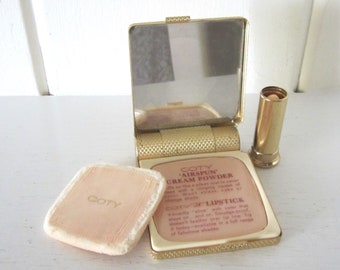 Vintage Coty Duette Gold Tone Hinged Compact, Mirror and Lipstick Holder - Airspun Cream Powder Muted Beige - Lipstick Pure Peppermint