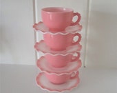 Set of 4 HAZEL ATLAS Pink Crinoline Teacup and Saucer Set - Vintage Milk Glass - Ruffled Edge - Beaded Handled Cups - 8 Pieces - EXCELLENT