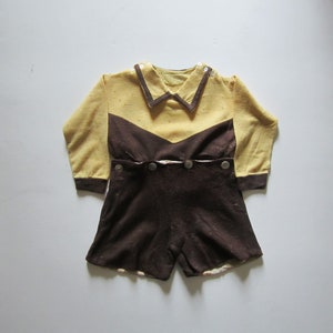 Vintage 1930&#39;s Boy&#39;s Sweater Shirt with Button on Shorts - Brown & Yellow Child&#39;s Collared Long Sleeve Button On Short Garment with Pockets