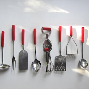 Vintage Set of 8 Kitchen Cooking Utensils with Red Bakelite Handles - Retro Kitchen Cooking Tools
