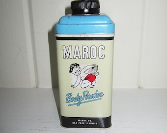 Lata publicitaria vintage de polvos corporales Maroc - 113 g (4 oz) - Lata de talco para bebés - Polvos para la dermatitis del pañal - Artículo publicitario vintage de colección