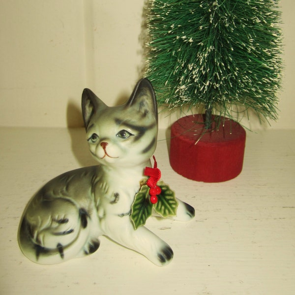 Vintage Enesco Matte Finish Gray Striped Tabby Christmas Cat Figurine