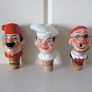 Set of 3 Vintage Figural German Bottle Stoppers - Chef, Beatnik and Fez Man Wine Corks - Hand Painted Decorative Porcelain Cork Toppers