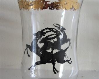 Set of 9 Mid Century Black and Gold Gazelle Juice Glasses - Gold Pine and Pinecone Trim - Black Leaping Gazelles - Flared Rim - EXCELLENT!