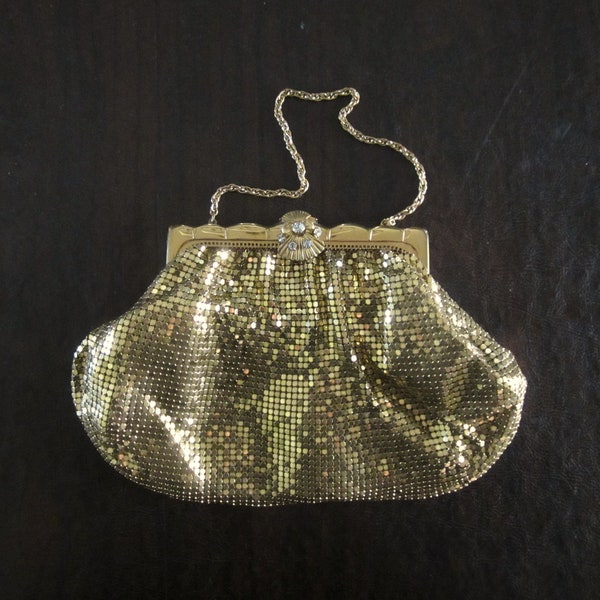 Vintage Whiting & Davis Gold Metal Mesh Evening Bag Purse w/ Rhinestone Clasp - Chain Handle - Satin Lining - Scallop Top Frame - EXCELLENT!