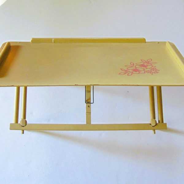 Vintage Wood Adjustable Deep Yellow Bed Tray w/Collapsible Legs & Pink Floral Decal Decoration -  Cottage Chic, Shabby Chic, Farmhouse Décor