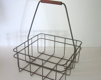 Koszyk na butelki mleka z uchwytem w stylu vintage z metalu – uchwyt z gumowym uchwytem – styl wiejski – Dairy Farmhouse – przechowywanie w stylu vintage