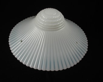 Vintage 3 Hole Fluted Round Ceiling Light Shade - MacBeth Evans Monax Petal Ware Opalescent Glass Ribbed Hanging Ceiling Shade - Ruffle edge