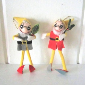 Pair of Vintage Felt Elf Ornaments - Big Nose Elves with Glasses - Hand Painted Faces - Holly Trim - Japan