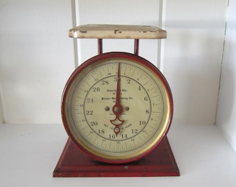 Stara waga Pelouze Manufacturing Co. – Chicago, IL – waga 30 funtów – zabytkowa bordowa waga kuchenna – patent w toku