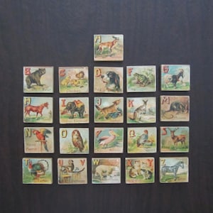 Bloques de madera con imágenes de animales y letras del alfabeto victoriano antiguo - Bloques de aprendizaje vintage de 2 lados para niños - Juguete coleccionable antiguo