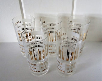 Vintage Hi Ball Gläser - 5er Set - Mid Century Barware - Weiß und Gold Highball - Wählen Sie Ihre Zutaten Gläser