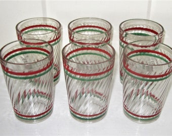 Stare szklanki do picia – Czerwono-zielone prążkowane słoiki na galaretkę – zestaw 6 sztuk