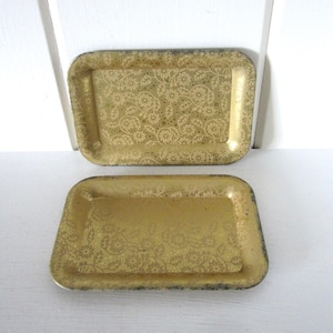 Set of 2 Vintage &quot;Tip&quot; Trays - Cafes and Bistros - Gold Trays with Floral Pattern