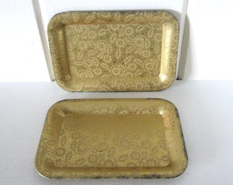 Set of 2 Vintage &quot;Tip&quot; Trays - Cafes and Bistros - Gold Trays with Floral Pattern