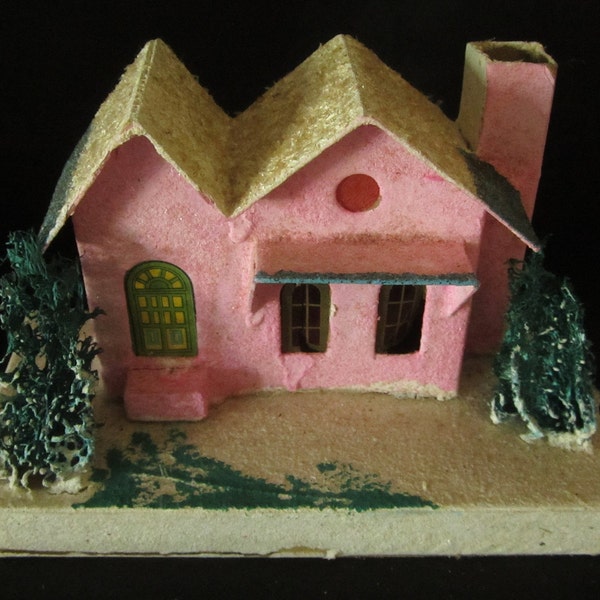 Vintage Christmas Large Cardboard Mica Putz House with Sea Sponge Bushes - Japan
