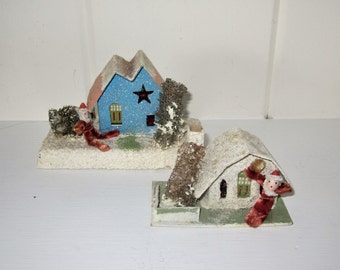 Sponge Trees Made in Japan Vintage Pair of PUTZ Houses with Chenille Pipe Cleaner Santa Mica Glitter