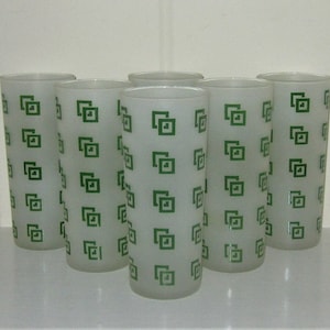 Set Of 6 Vintage Frosted Tom Collins Cocktail Bar or Tall Drinking Glasses with Green Interlocking Square Pattern - NEW OLD STOCK!