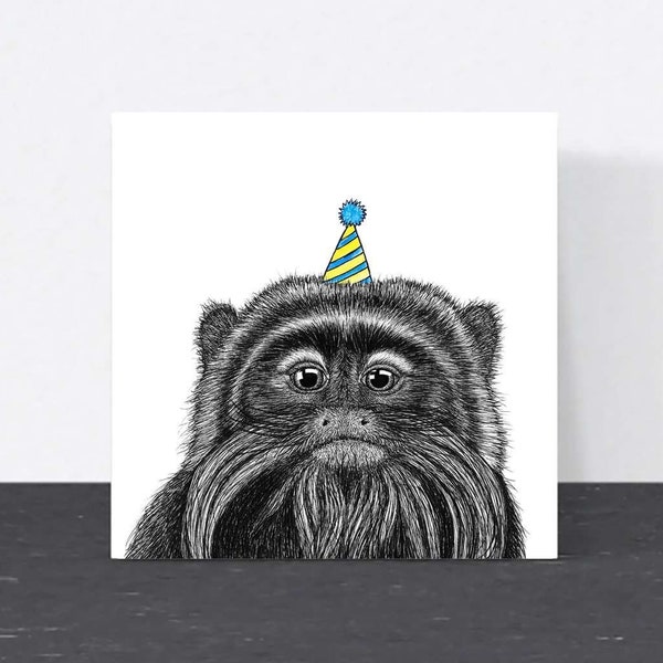 Cute monkey birthday card // emperor tamarin, animal art, cards for her, cards for him, cards for dad, cards for friend, eco birthday cards