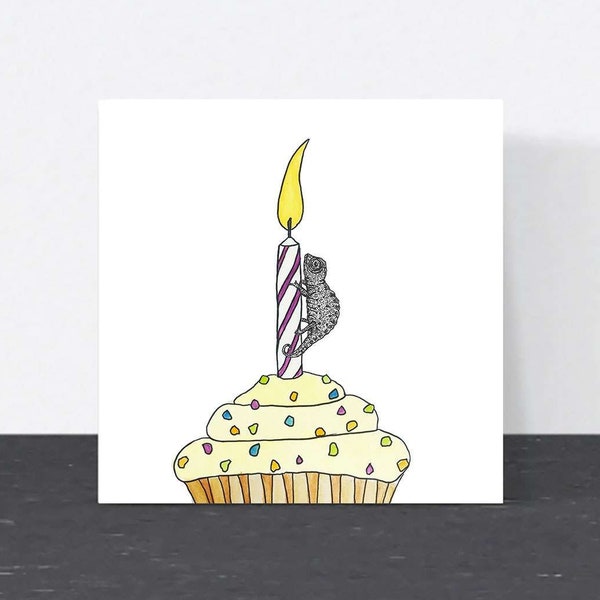 Cute chameleon birthday card // funny animal art cards, cards for her, eco-friendly birthday cupcake card for friend