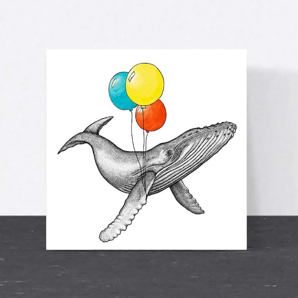 Whale Birthday card // Animal birthday card // Hand drawn art card for friend, cards for him, cards for her // Eco-friendly wildlife cards