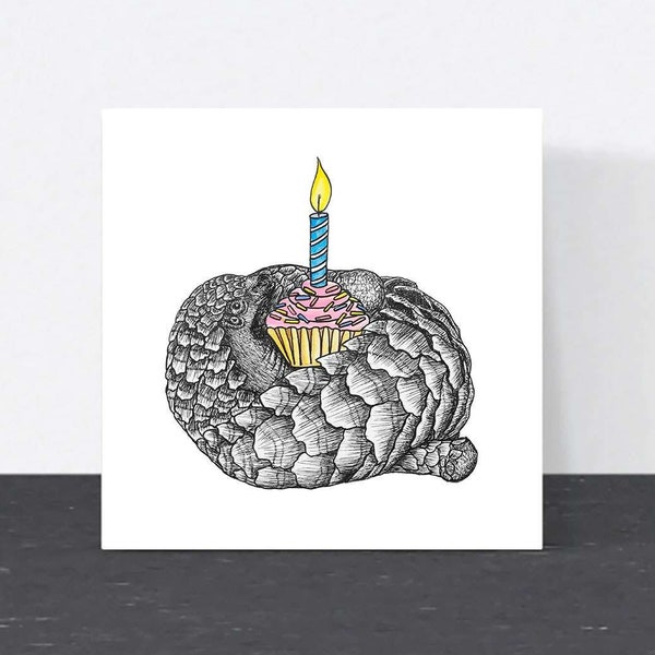 Pangolin birthday card // animal art cards, birthday cards for her, cupcake celebration card, cards for friend, eco-friendly blank card