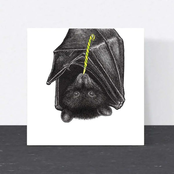 Party bat birthday card // cute animal art card, eco-friendly birthday cards, cards for him, cards for dad, cards for friend, blank cards