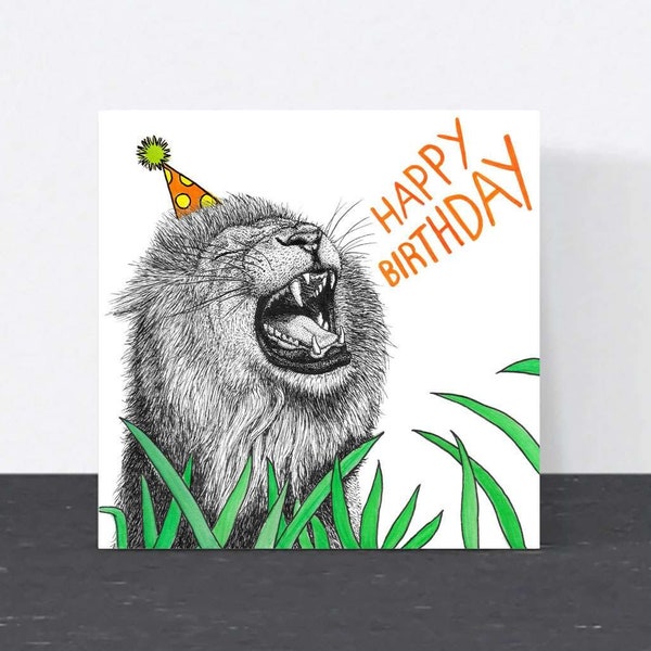 Carte d'anniversaire lion // Cartes d'anniversaire animaux // Cartes d'anniversaire dessinées à la main // Carte d'art animalier, cartes pour lui, cartes pour ami // Respectueux de l'environnement