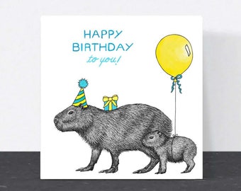 Capybara Birthday card // Animal birthday card, cards for friend, cute blank cards, hand-drawn animal art birthday card, eco birthday card