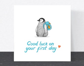 Good luck penguin card // "Good luck on your first day" // First day of school card, cute first day card, eco-friendly card, cute penguin