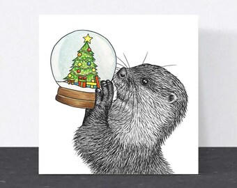 Otter Christmas card // Animal Christmas cards // Cute Christmas cards // Hand drawn animal art card // Blank, eco-friendly Christmas cards