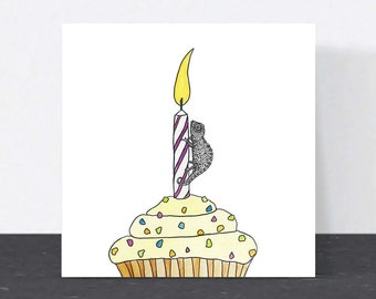 Cute chameleon birthday card // funny animal art cards, cards for her, eco-friendly birthday cupcake card for friend