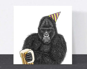 Grumpy gorilla birthday card // Birthday card for men, dad birthday card, Father's Day card, animal art, cards for men, beer card