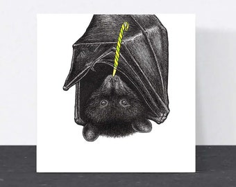 Party bat birthday card // cute animal art card, eco-friendly birthday cards, cards for him, cards for dad, cards for friend, blank cards