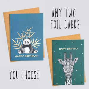 Choose any two gold cards! // Luxury birthday card pack, animal art cards, eco card bundle, cards for men, hand-drawn animal cards, blank