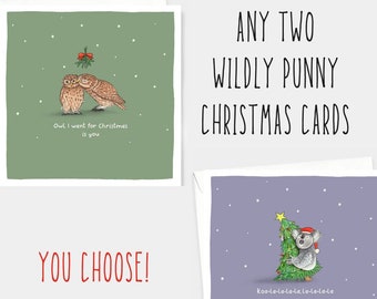 Choose any two Christmas cards! // Christmas card bundle, animal art card pack, eco friendly wildlife cards, funny Christmas animal cards