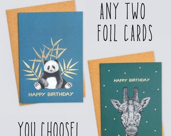 Choose any two gold cards! // Luxury birthday card pack, animal art cards, eco card bundle, cards for men, hand-drawn animal cards, blank