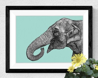 Asiatischer Elefant A4 Kunstdruck mit hellblauem petrolfarbenem Hintergrund // Elefant Wandbild, Elefant Kunst, Geschenk für Elefantenliebhaber, Tier Kunstdruck