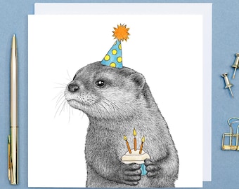 Otter Birthday card // animal birthday card, wildlife art card, hand drawn animal art, eco-friendly birthday card