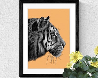 Tiger A4 Kunstdruck // Tiger Wandbild, Asiatisch Wildtiere Kunst, Tiger Geschenk, Tierkunst Druck, detaillierte Wildtier Kunst