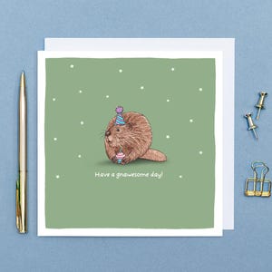 Passez une journée écrasante - Carte d'anniversaire castor // Cartes d'anniversaire animaux drôles // Art animalier dessiné à la main // Cartes d'anniversaire vierges et respectueuses de l'environnement