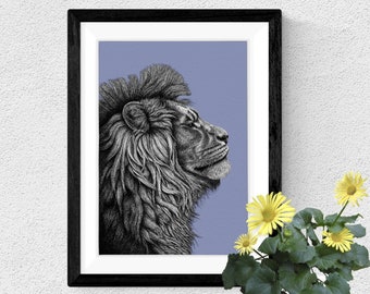 African lion A4 art print // Lion wall art, African wildlife art, lion gift, pen and ink art, animal art print, detailed wildlife art print