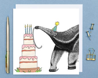 Biglietto di compleanno con formichiere // Biglietto di compleanno con animali // Biglietti di compleanno divertenti con animali per amici, Biglietti di compleanno ecologici // Biglietti con animali selvatici disegnati a mano