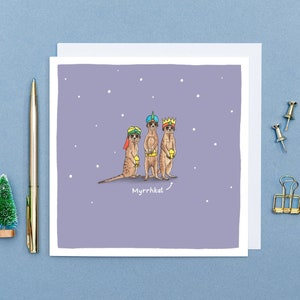 Myrrhkat - Tarjeta navideña con juego de palabras // Tarjetas navideñas divertidas con animales // Arte de animales dibujado a mano // Tarjetas navideñas ecológicas y en blanco